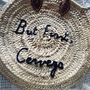 Woven Straw Tote with Black Script
